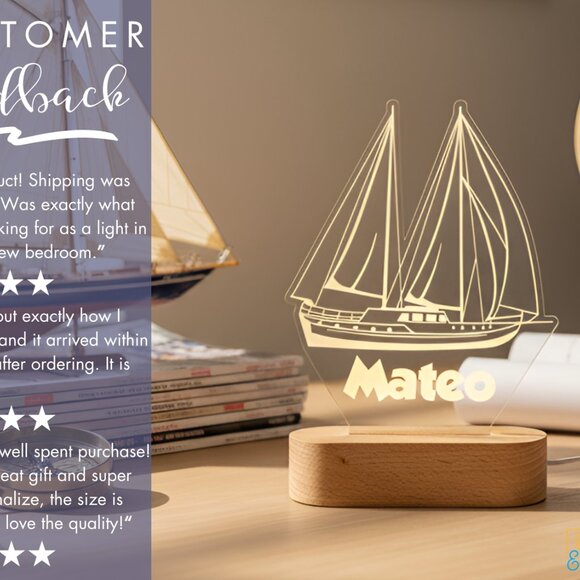 Sailboat LED Night Light | Personalized Boat Gift for Kids, Teens & Dads - Picture 7 of 8